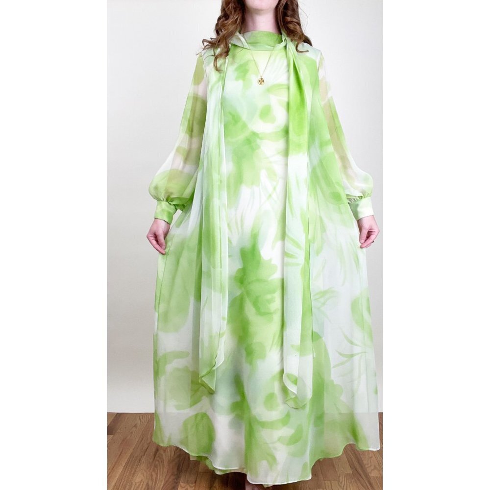 Vintage Union Made 70's Chiffon Kaftan Maxi Dress Hippie Boho Bohemian Shift 70s